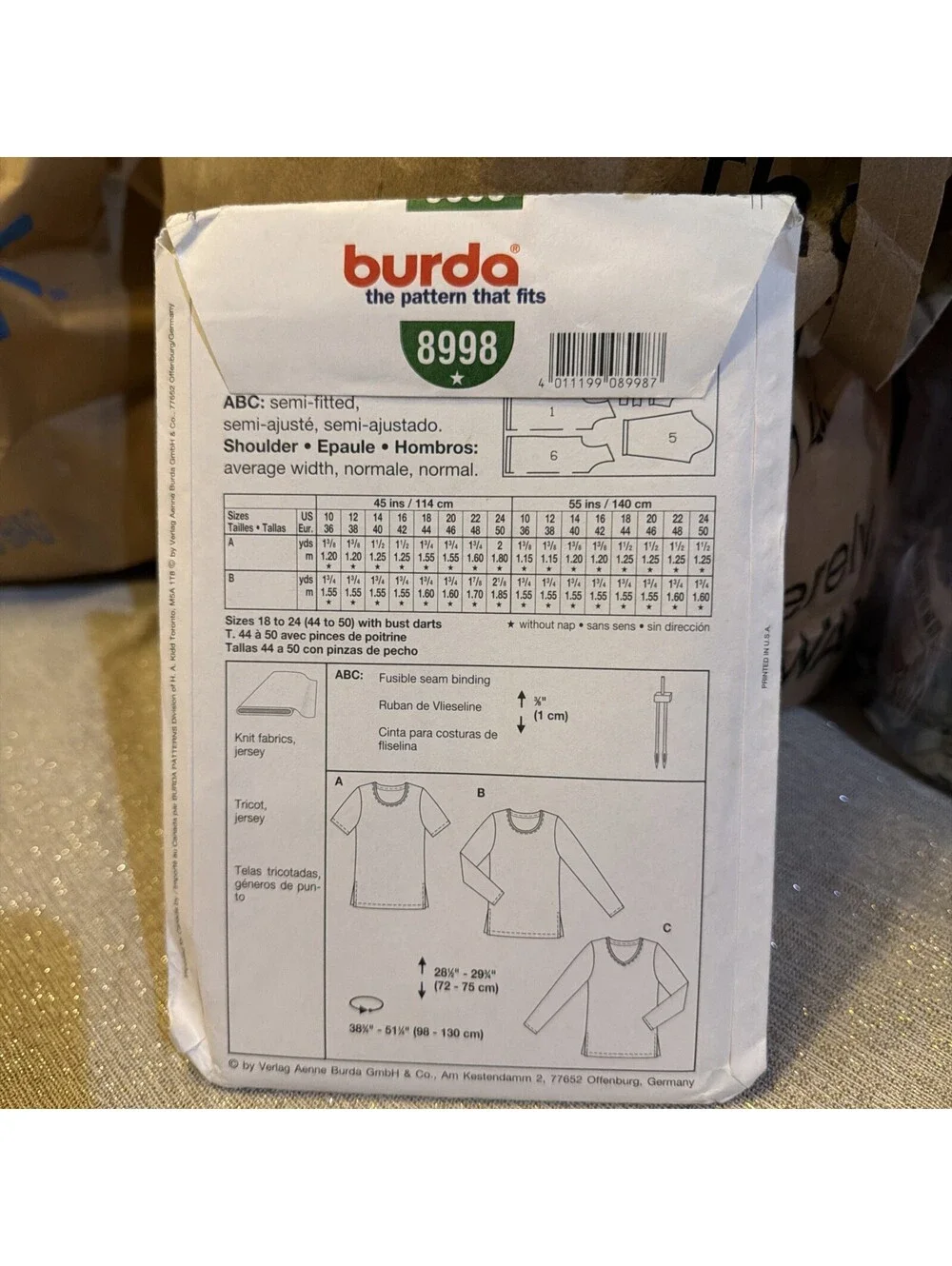 Burda Sewing Pattern 8998 T-Shirt Shirt Top Casual Semi-Fitted Sizes 10-24 Uncut